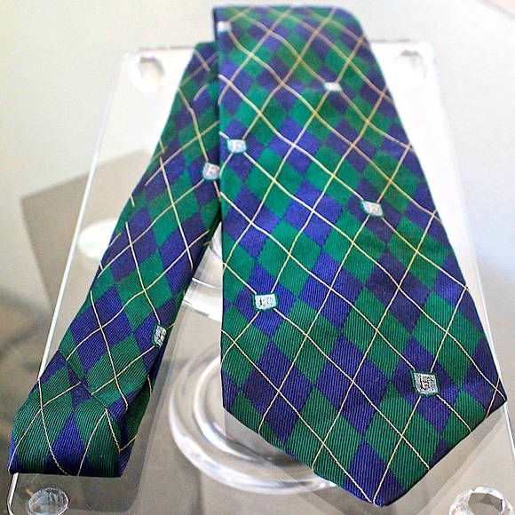 FACCONABLE MENS TIE GREEN NAVY ARGYLE VINTAGE 100% SILK MADE IN FRANCE - Picture 1 of 7